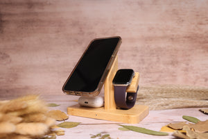 3 in 1 Wooden Fast Wireless Charging Station, 15W Charger Pad