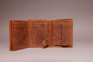 Woodbridge Men's Trifold Cognac Brown Leather Wallet With Coin Pocket