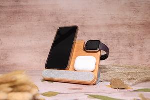 4 in 1 Wooden Fast Wireless Charging Station, 15W Charger Pad