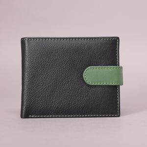 Biggs & Bane Men's Bifold Black & Green Leather Wallet With Large External Coins Pocket With Gusset