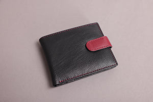 Biggs & Bane Men's Bifold Black & Burgundy Leather Wallet With Tab Coin Pocket