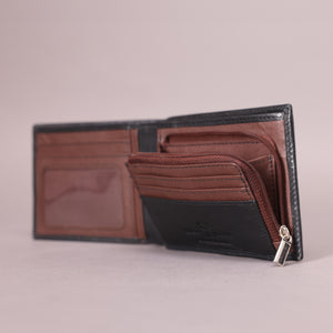 Biggs & Bane Men's Bifold Black & Dark Brown Leather Wallet With Large Zip Coin Pocket