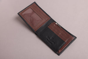 Biggs & Bane Men's Bifold Black & Dark Brown Leather Wallet With Large Zip Coin Pocket