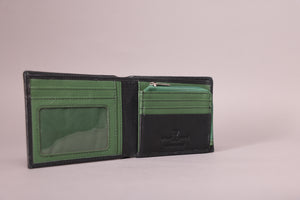 Biggs & Bane Men's Bifold Black & Green Leather Wallet With Large Zip Coin Pocket