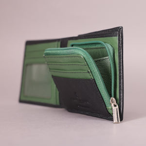 Biggs & Bane Men's Bifold Black & Green Leather Wallet With Large Zip Coin Pocket