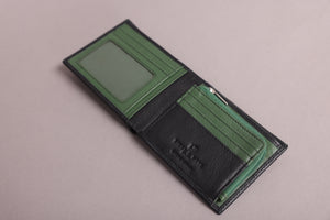 Biggs & Bane Men's Bifold Black & Green Leather Wallet With Large Zip Coin Pocket