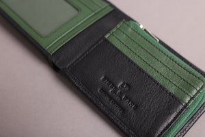 Biggs & Bane Men's Bifold Black & Green Leather Wallet With Large Zip Coin Pocket