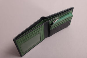 Biggs & Bane Men's Bifold Black & Green Leather Wallet With Large Zip Coin Pocket