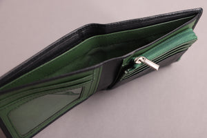 Biggs & Bane Men's Bifold Black & Green Leather Wallet With Large Zip Coin Pocket