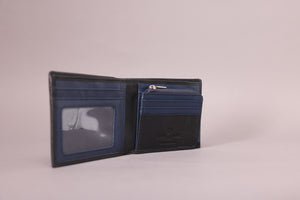 Biggs & Bane Men's Bifold Black & Navy Leather Wallet With Large Zip Coin Pocket