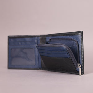 Biggs & Bane Men's Bifold Black & Navy Leather Wallet With Large Zip Coin Pocket