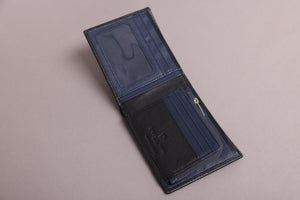 Biggs & Bane Men's Bifold Black & Navy Leather Wallet With Large Zip Coin Pocket