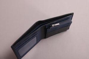 Biggs & Bane Men's Bifold Black & Navy Leather Wallet With Large Zip Coin Pocket