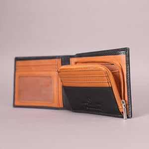 Biggs & Bane Men's Bifold Black & Tan Leather Wallet With Large Zip Coin Pocket