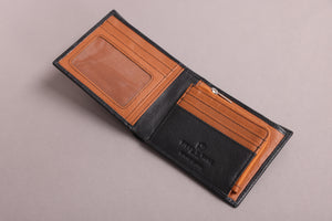 Biggs & Bane Men's Bifold Black & Tan Leather Wallet With Large Zip Coin Pocket