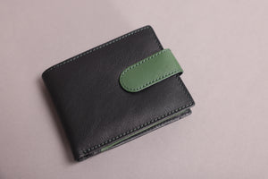 Biggs & Bane Men's Bifold Black & Green Leather Wallet With Large External Coins Pocket With Gusset