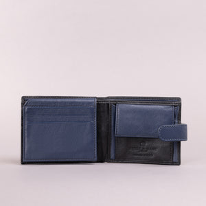 Biggs & Bane Men's Bifold Black & Navy Leather Wallet With Tab Coin Pocket