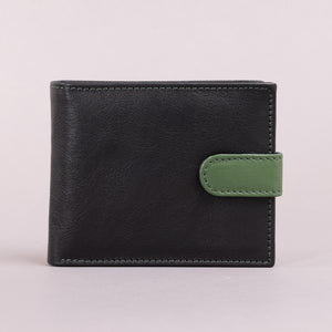 Biggs & Bane Men's Bifold Black & Green Leather Wallet With Tab Coin Pocket