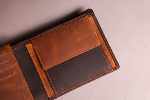 Woodbridge Men's Bifold Brown & Cognac Leather Wallet With Card Flap, Tab Coin Pocket