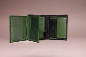 Biggs & Bane Men's Trifold Black & Green Leather Wallet