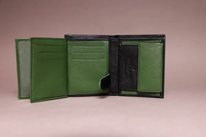 Biggs & Bane Men's Trifold Black & Green Leather Wallet