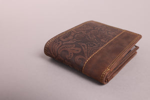 Redbrick Men's Bifold Flower Embossed Brown Hunter Leather Wallet With Coin Pocket