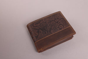 Redbrick Men's Bifold Flower Embossed Brown Hunter Leather Wallet With Coin Pocket