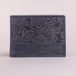 Redbrick Men's Bifold Flower Embossed Navy Hunter Leather Wallet With Coin Pocket